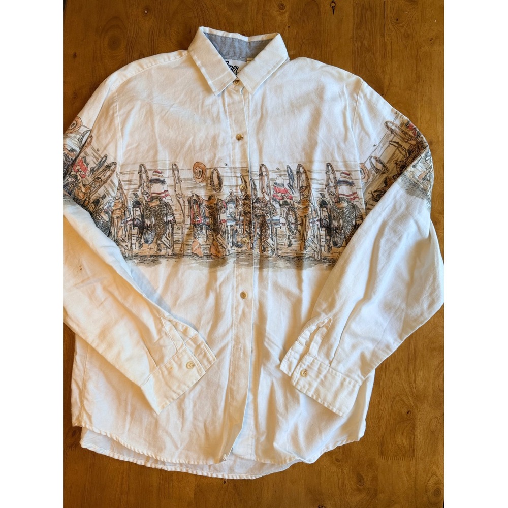 Vintage Roper Border Western Shirt White Saddle Graphic Print Men Medium USA 595